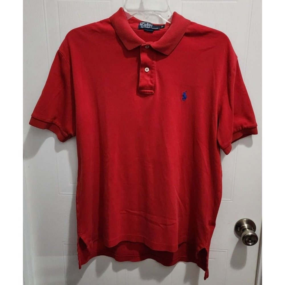 Polo Ralph Lauren Red Short Sleeve‎ Polo Shirt Blue Pony Logo Size Medium Cotton